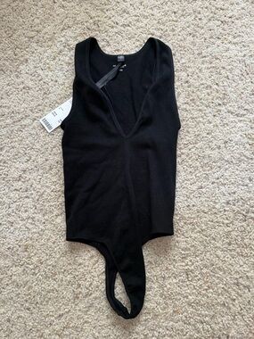 Urban Outfitters Black Ribbed V-Neck Bodysuit